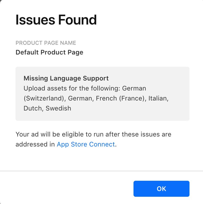 Apple Ads screen requesting German, French, Italian, Dutch, and Swedish materials